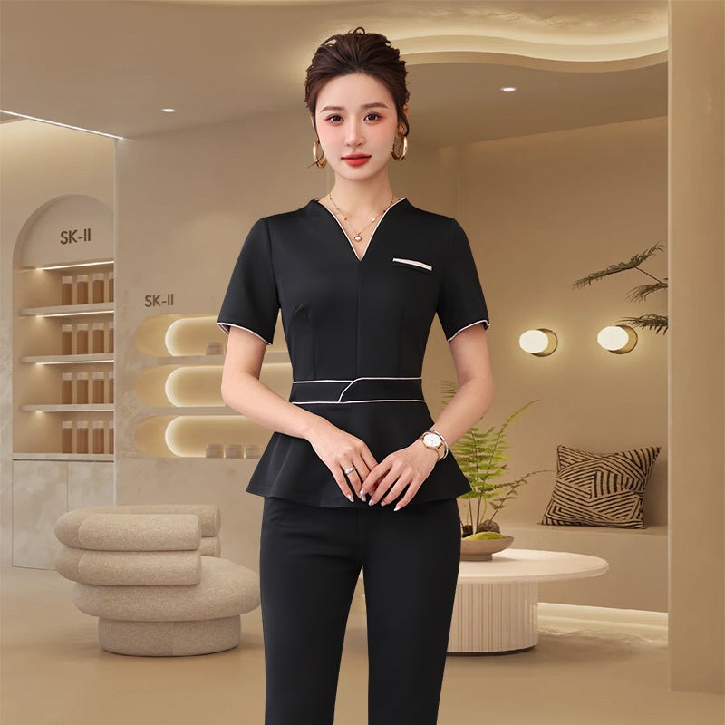 Health Center El Front Desk Work Clothes Female Skin Management Technician Black High Elastic Middle Sleeve Suit - Image 1